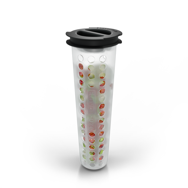 FlavorFuze fruit infuser with black lid.