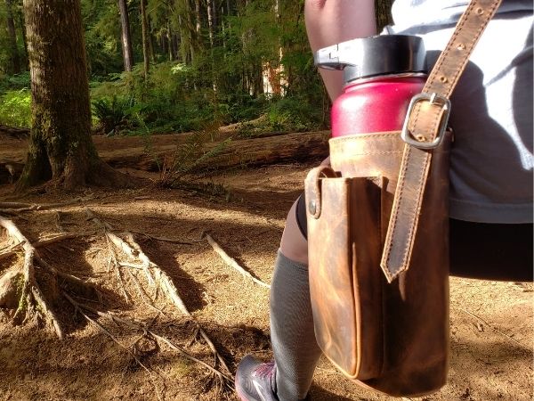 HikerPouch leather water bottle sling for for large water bottles like Hydro Flasks, Iron Flasks, Takeyas, ThermoFlasks, Yeti 36oz Ramblers, Nalgenes, and Klean Kanteens.