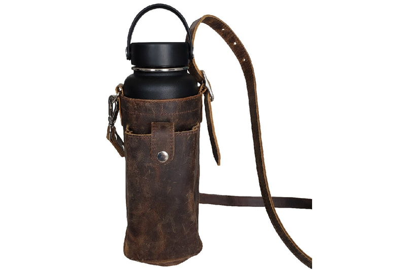 HikerPouch leather water bottle carrying pouch and sling for large bottles, including Hydro Flasks, Iron Flasks, Takeyas, ThermoFlasks, Nalgenes, Klean Kanteens, and YETIs.